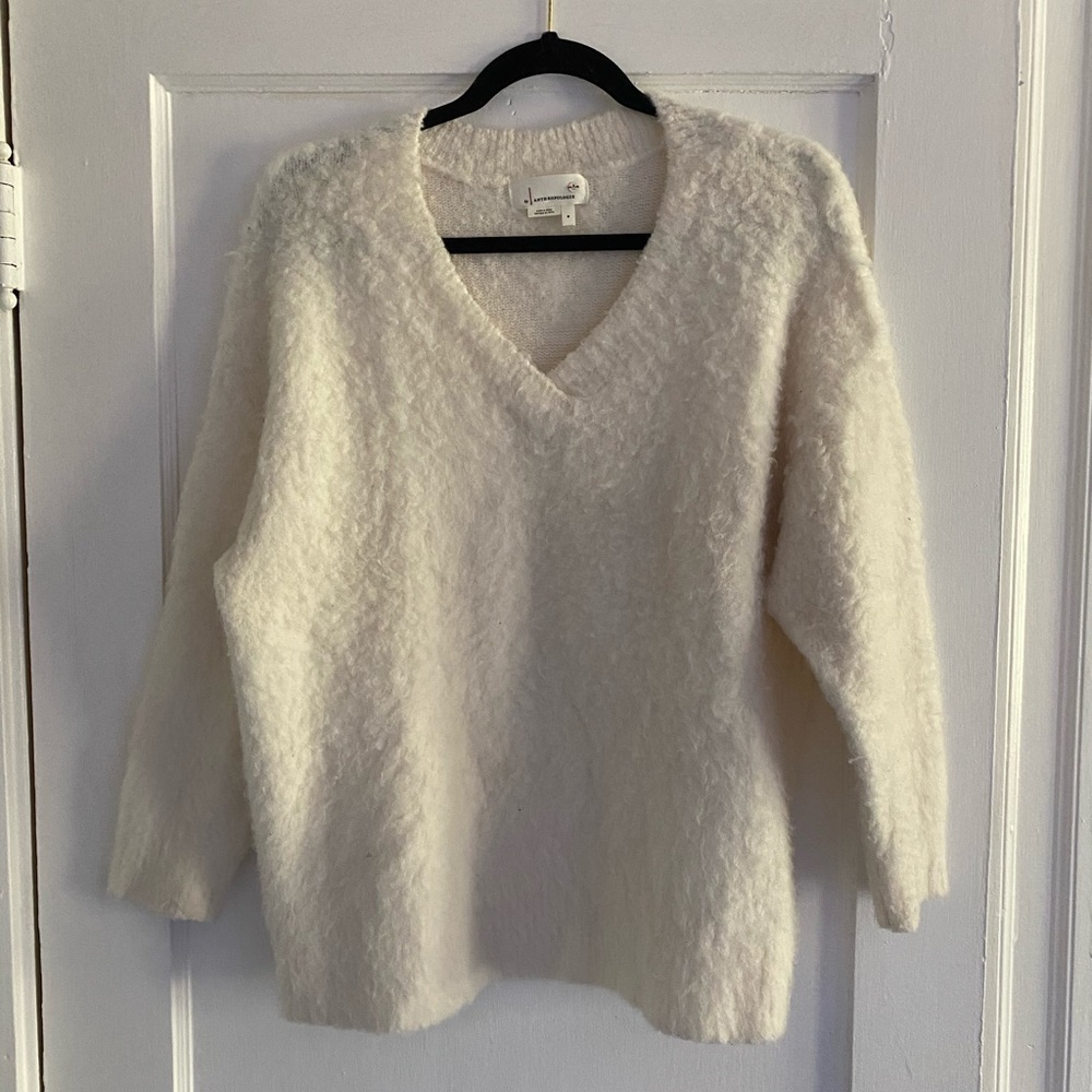 A by Anthropologie White Fuzzy V Neck Sweater